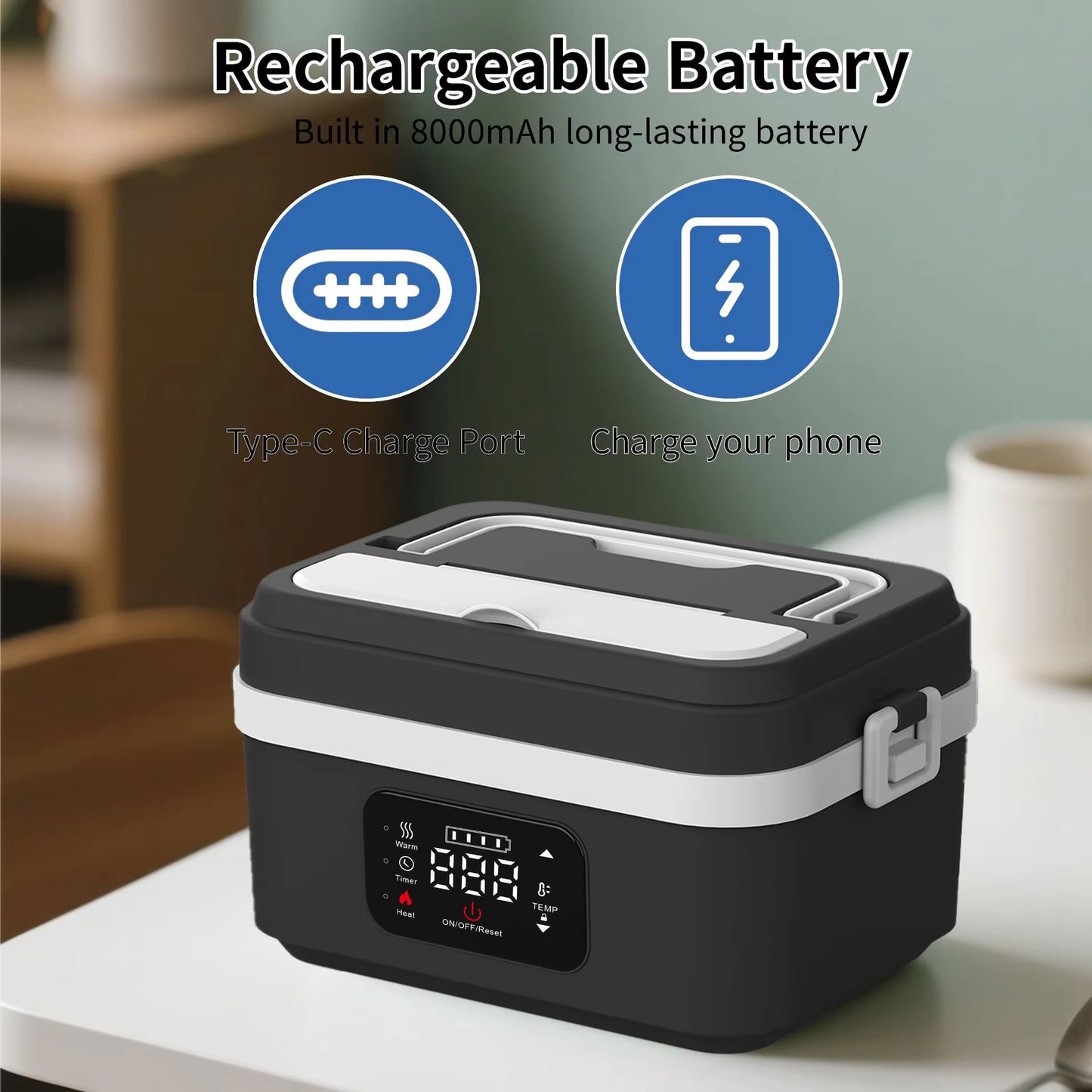 Self Heating Lunch Box Timed Insulation Portable Wireless USB Rechargeable Lunch Box Food Warmer Electric Lunch Box